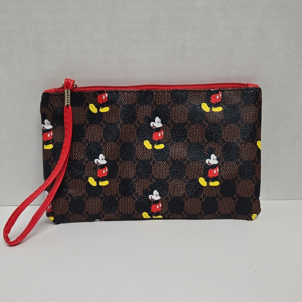 Mickey Mouse Brown and Red Zippered Wristlet 8"X4.75"